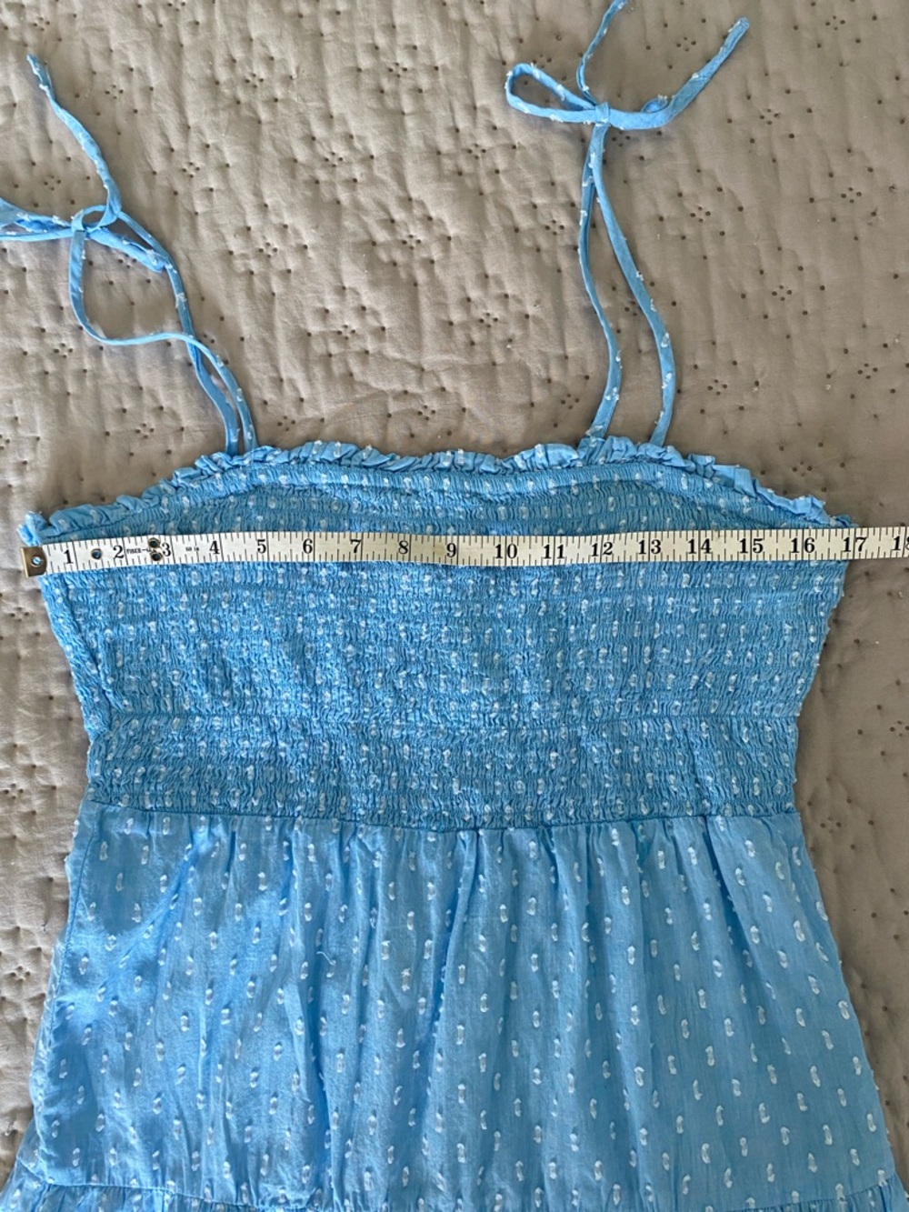 NWT Joe Fresh Light Blue Smocked Tiered Tie-Shoulder Swiss Dot Maxi Dress Size S - Picture 12 of 14